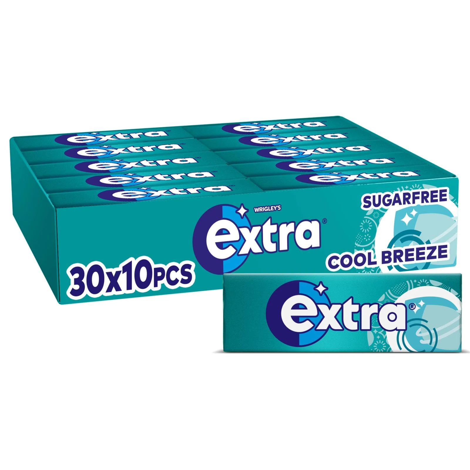 Wrigley's Extra Chewing Gum, Cool Breeze Mint Flavour, 30 Packs of 10 Pieces, Sugar Free Bulk Pack Gum with Xylitol (300 pieces)