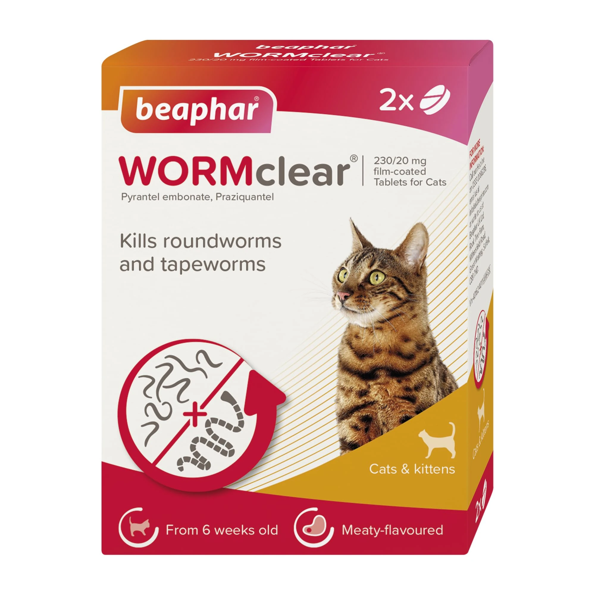 Beaphar - WORMclear® Tablets for Cats - 2 Tablet Pack - Kills All Common UK Intestinal Worms (Roundworms & Tapeworms) Vet Strength Worm Treatment - Meaty-Flavoured - For Cats Over 6 Weeks Old & 1kg