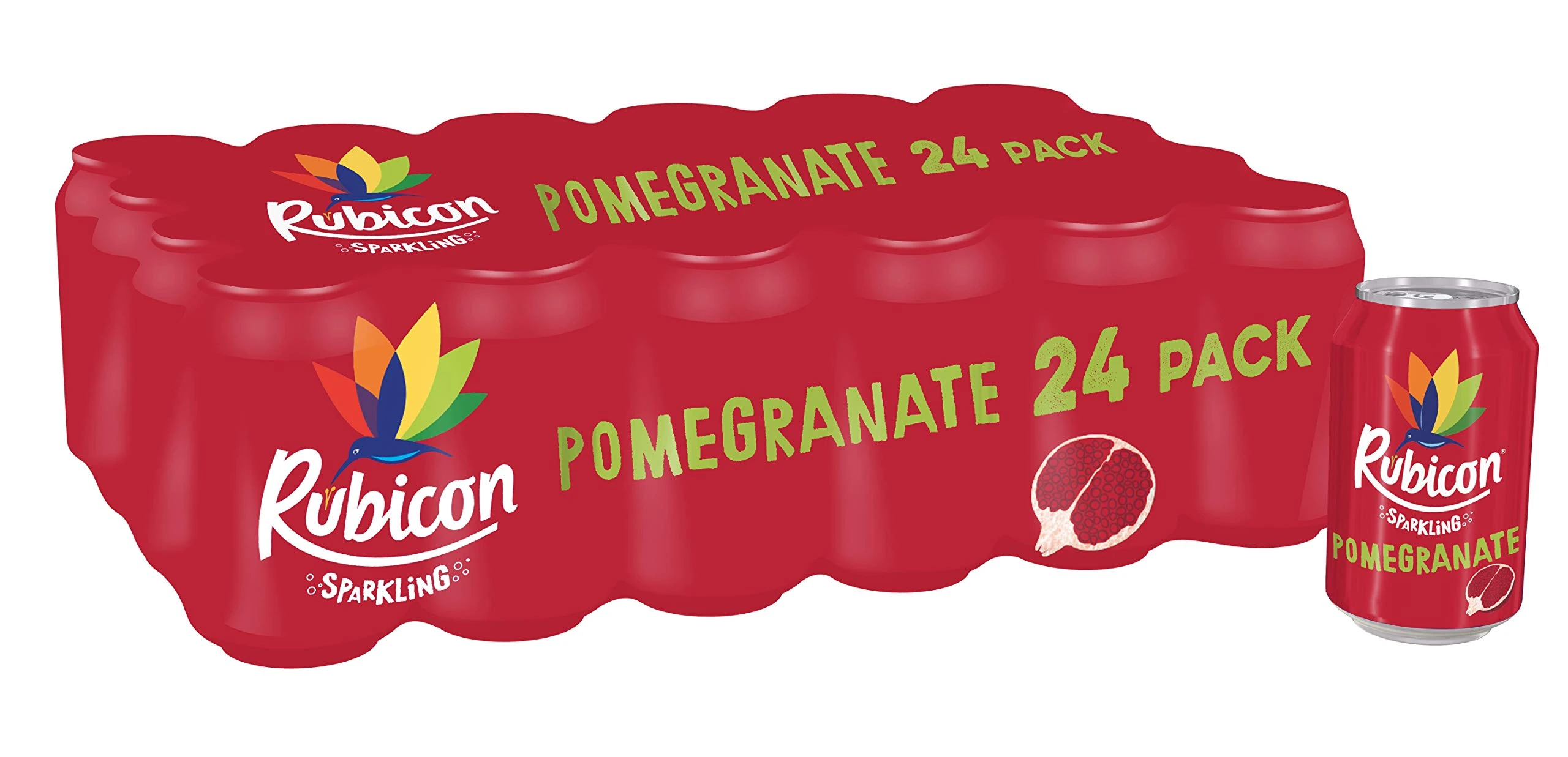 Rubicon 24 Pack Sparkling Pomegranate Flavoured Fizzy Drink with Real Fruit Juice, Handpicked Fruits for a Temptingly Intense Taste "Made of Different Stuff" - 24 x 330ml Cans