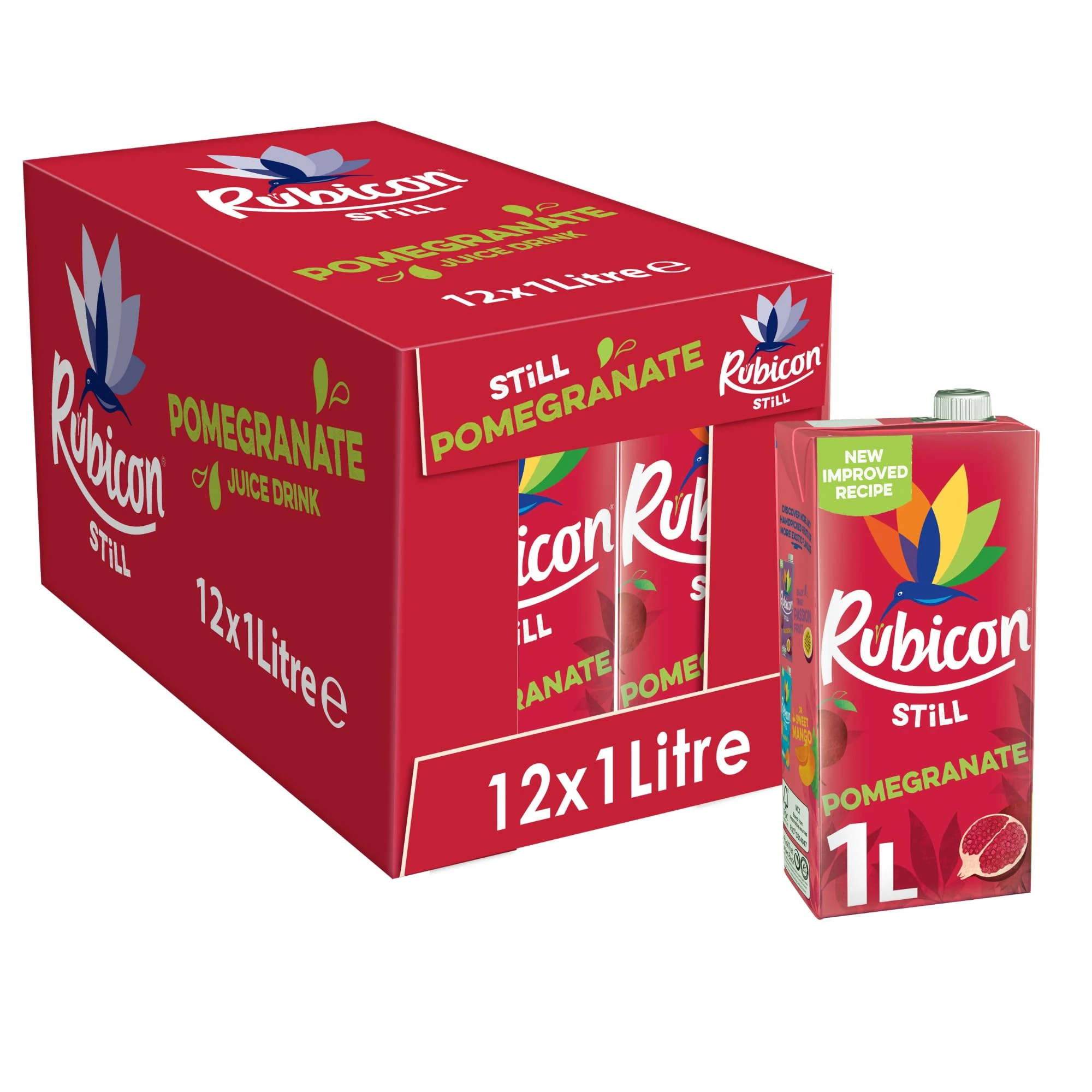 Rubicon Still Pomegranate Juice - Made with Real Handpicked Fruit Pomegranate - Bold and Intense Tropical Juice Drink - Multipack Fruit Juice Cartons - 12x1L