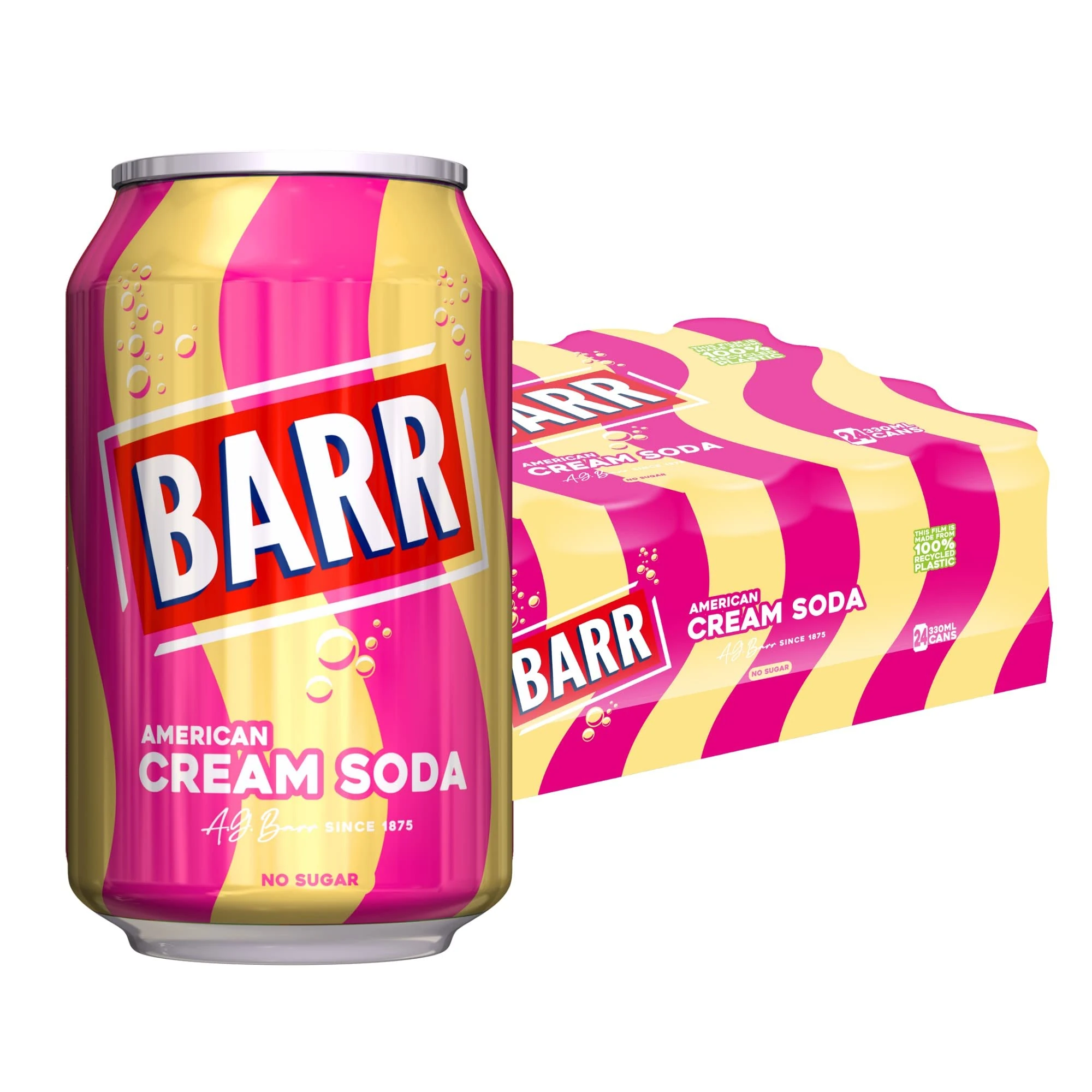Barr American Cream Soda - Fizzy Drinks 24 Pack x 330ml Cans - Vanilla Flavour Cream Soda Soft Drink Cans with Zero Sugar