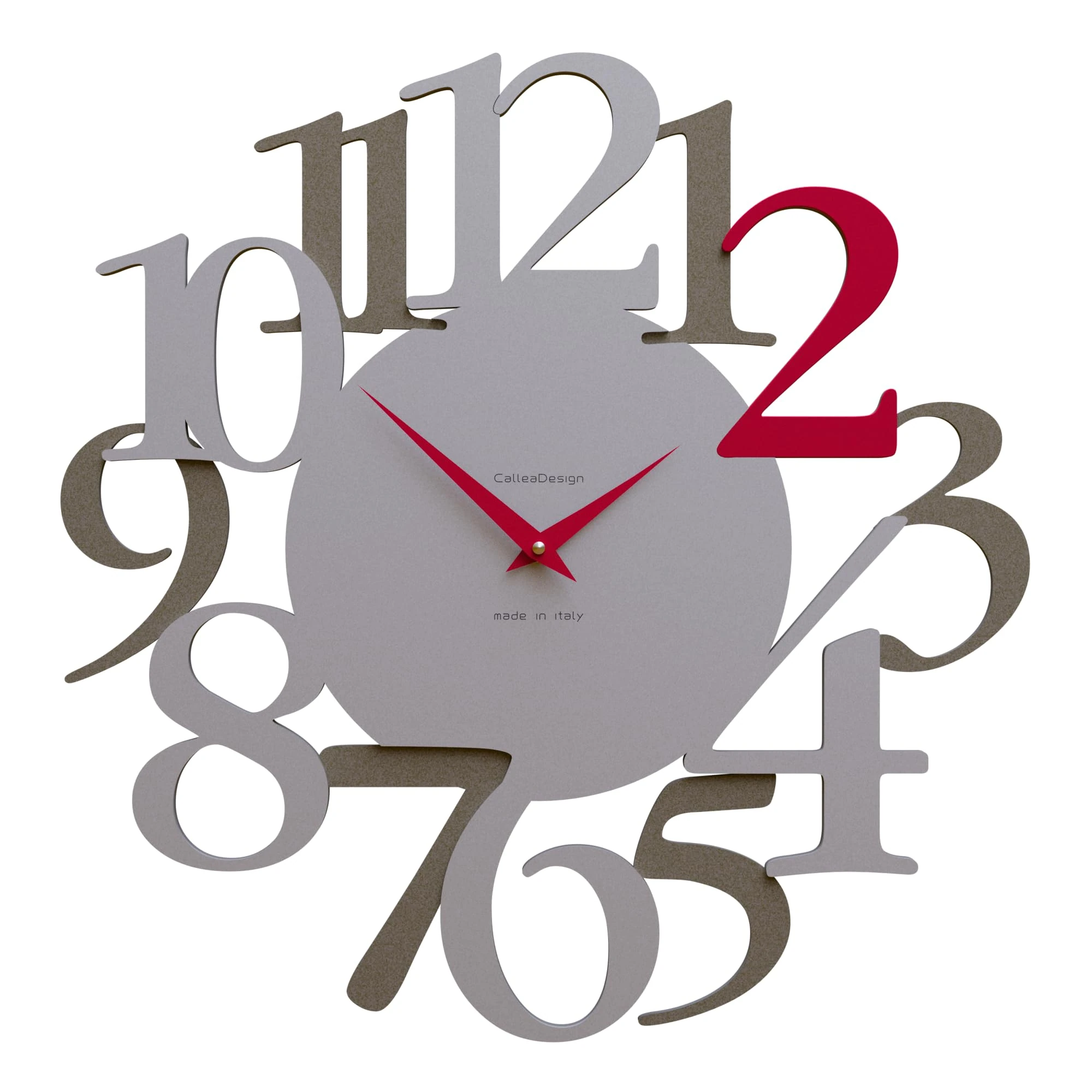 CalleaDesign, distinctive modern wall clock in ruby red. Russell model, silent, reliable, size 44x45 cm, made in Italy.