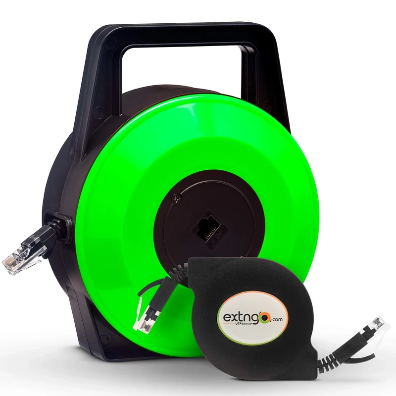 EXTNGO Retractable 10m Ethernet Cable Flat CAT6 — Gigabit Internet Lead with RJ45 Male-Female, Under-Carpet Portable Cable Reel for Home Office Gaming Streaming, Incl. 1m Patch Lead, Green