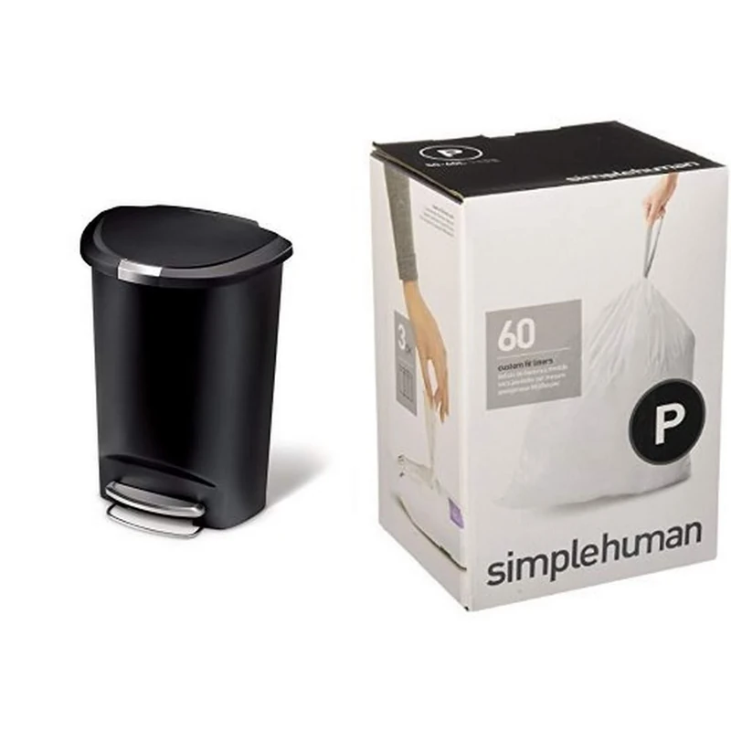 simplehuman Semi -Round Pedal Bin, 50 L - Black Plastic with Code P Plastic Custom Fit Bin Liner, Pack of 60, White