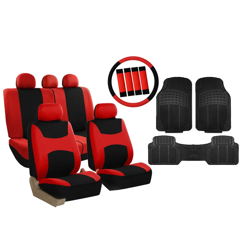 FH Group Light & Breezy Cloth Full Set Car Seat Covers (Red/Black) Combo Set: Steering Wheel Cover, Seat Belt Pads and Black Vinyl Floor Mats – Universal Fit for Cars Trucks & SUVs