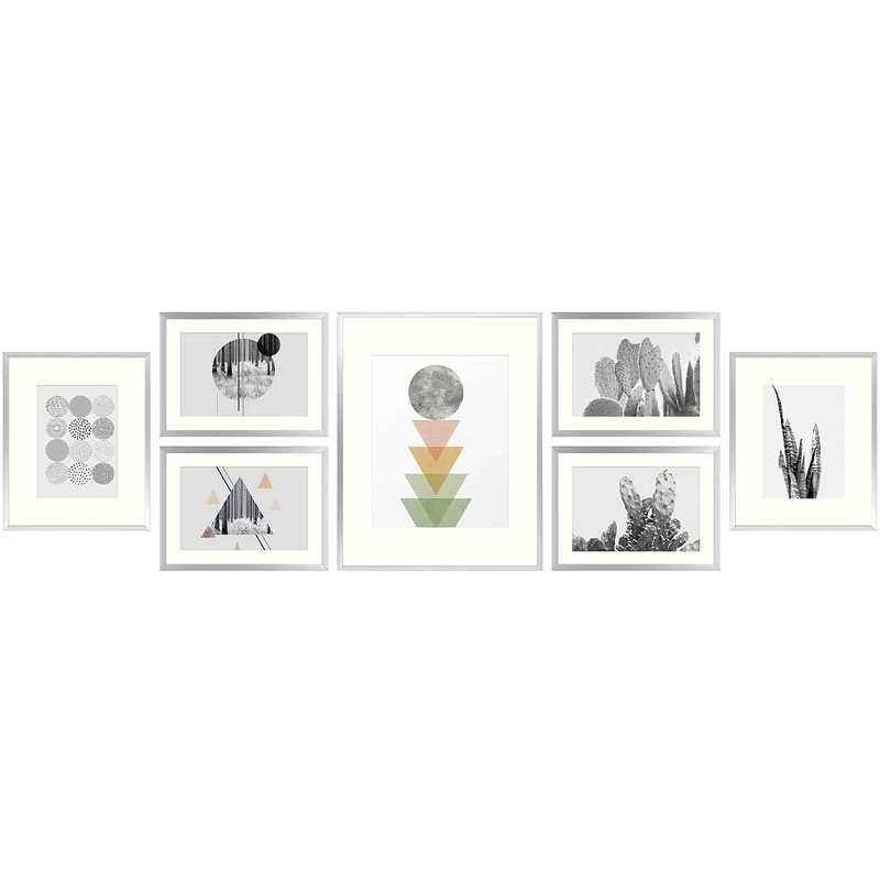 Golden State Art, Collection of Metal Wall Photo Frames, Set of 7, Aluminium Silver Photo Frame with Mat in Ivory and Real Glass