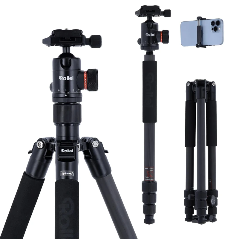 Rollei Tripod C5i Carbon - with 3D Ball Head and redating central column for macro photography - Arca Swiss compatible - convertible to Monopod - Black