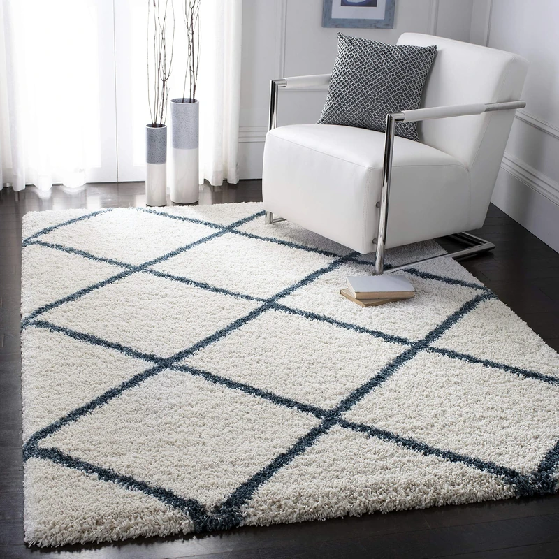 Safavieh Shaggy Indoor Woven Rectangle Area Rug, Hudson Shag Collection, SGH281, in Ivory/Slate Blue, 91 x 152 cm for Living Room, Bedroom or Any Indoor Space