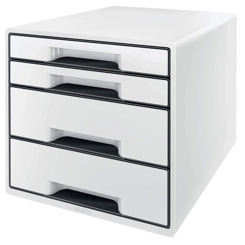 Leitz 4 A4 Drawer Cabinet with Marker Pen and Transparent Tray, Organiser, Wow Range, White/Black