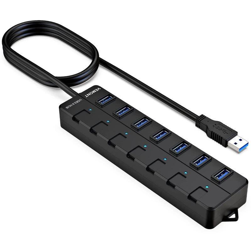USB Hub 3.0,VEMONT 7-Port USB Multiport Splitter with Individual LED Power Switches 3.9ft/1.2m Long Cable Compatible for MacBook Air/MacBook Pro/Mac/iMac/Mac Pro/Windows Laptops and Ultrabooks - Image 1