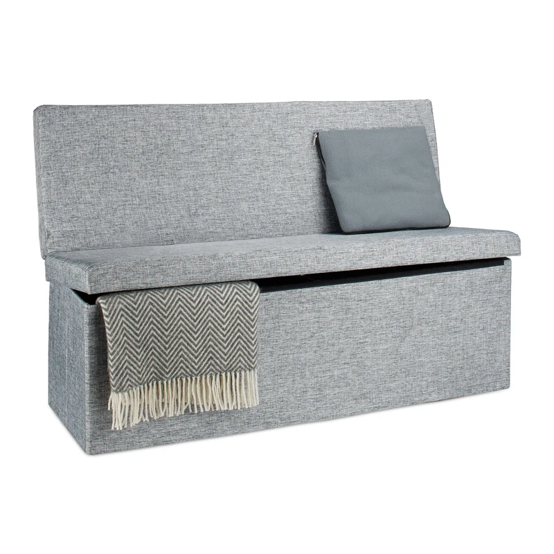 Relaxdays Folding XL Storage Ottoman with Seat Back, 73 x 114 x 38 cm Sturdy Footstool Bench Linen with Removable Lid, Grey