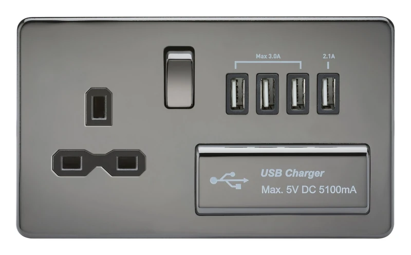 Knightsbridge SFR7USB4BN Screwless 1G 13A Switched Socket with Quad USB Charger 5V Dc 5.1A Nickel with Black Insert