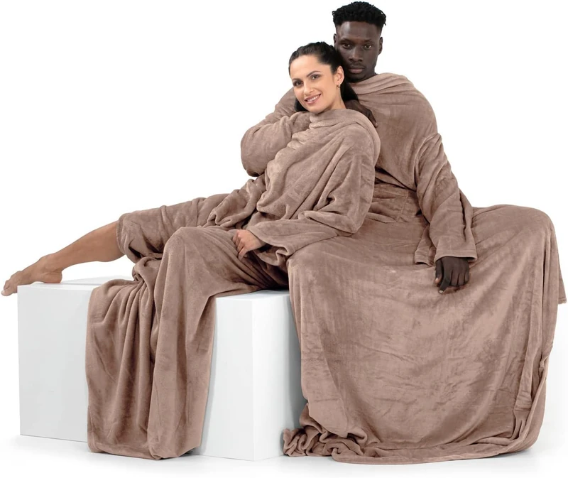 DecoKing Lazy TV Blanket, Microfibre Fleece Blanket with Sleeves, Pockets and Soft Foot Pocket