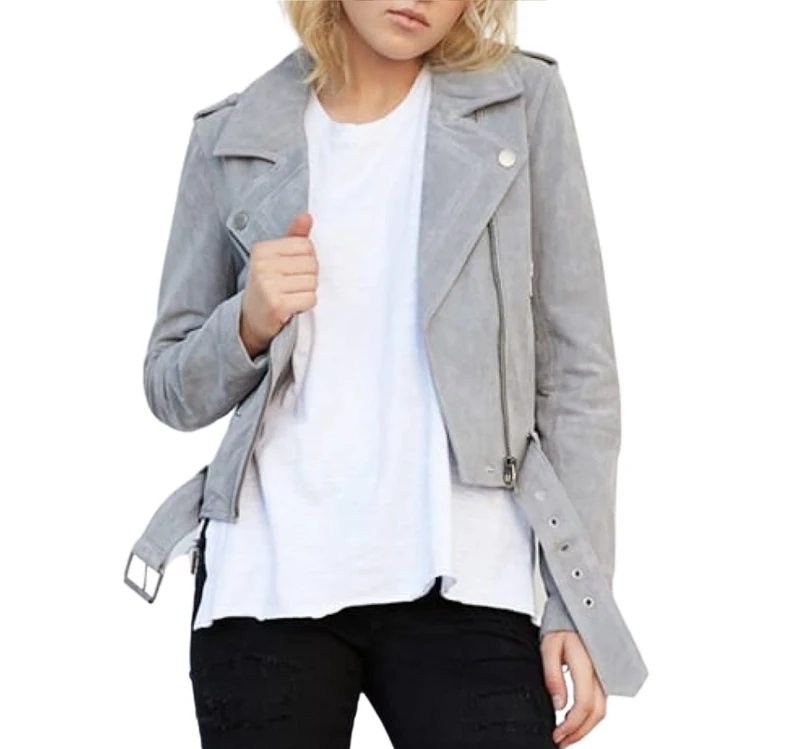[BLANKNYC] Women's Jackets, & Luxury Clothing Cropped Suede Leather Motorcycle Jackets Comfortable Stylish Coats, Cloud Grey, M UK
