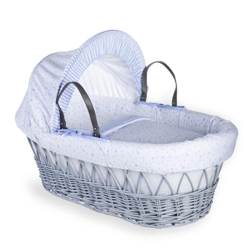 Clair de Lune Stars and Stripes Grey Wicker Moses Basket inc. bedding, mattress & adjustable hood (Blue)
