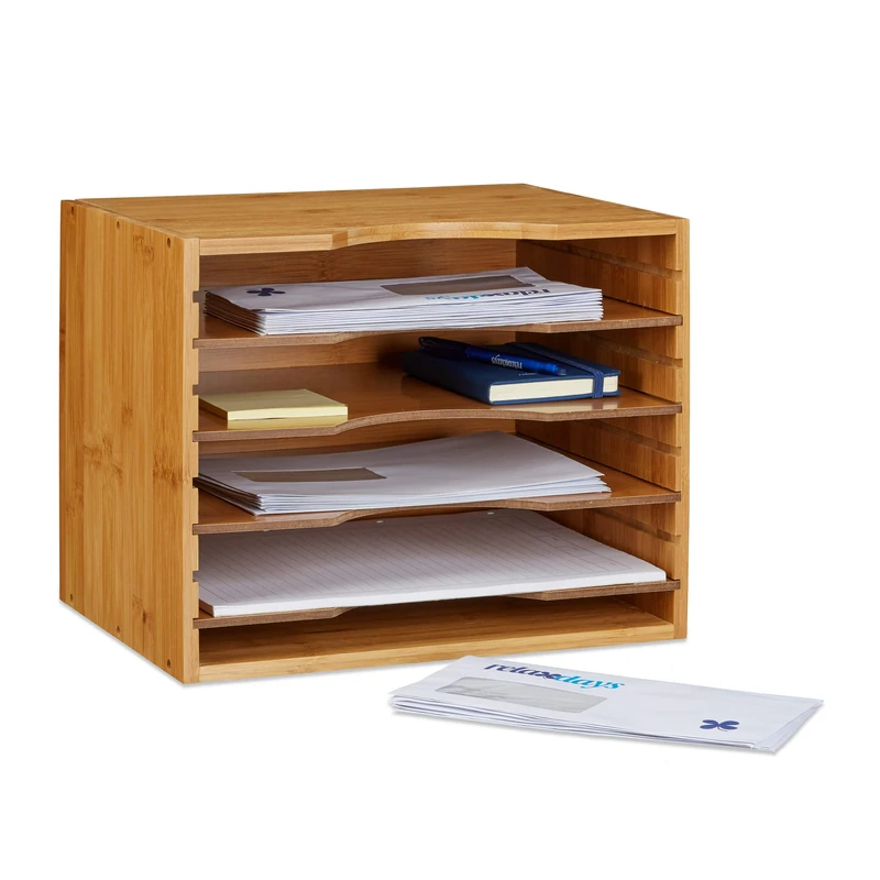 Relaxdays Bamboo File Holder, Size: 26.5 x 33.5 x 24.5 cm Storage System Desk Organizer Document Sorter with 4 Shelves Paper Organiser made of Wood for Letters and Files, Natural Brown