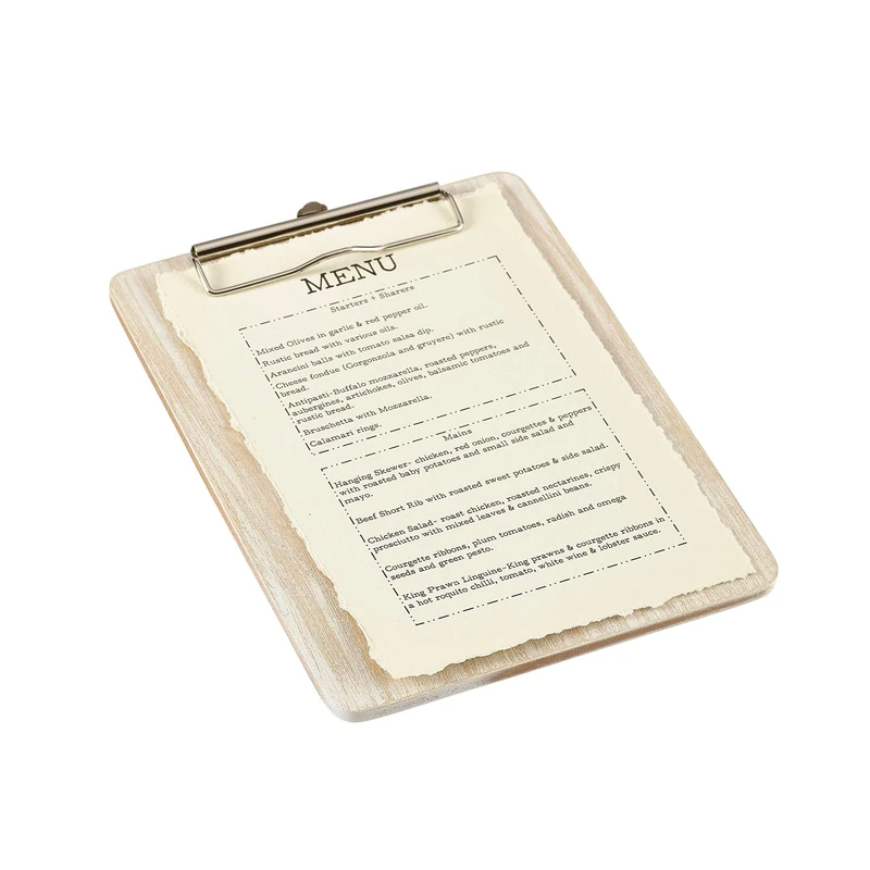 Genware White Wash Wooden Menu Clipboard A5 - x 6 - Rustic Wooden Menu Holder for Displaying Specials