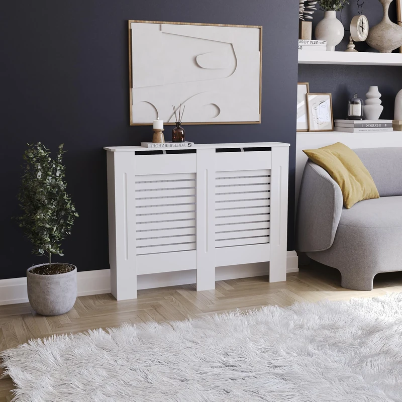 Vida Designs Milton Radiator Cover White - Medium - Modern Horizontal Slat Design For Optimal Heat Circulation - H82xW111xD19cm - Painted MDF Cabinet Ideal For Living Room & Hallway