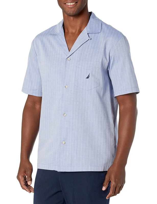 Nautica Men's Short Sleeve Cotton Button Down Woven Pajama Top, Blue (Ws90s7), Large