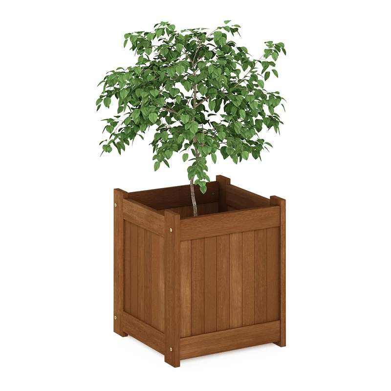 Furinno Tioman Hardwood Outdoor Flower Box, Planter Stand in Teak Oil, Natural