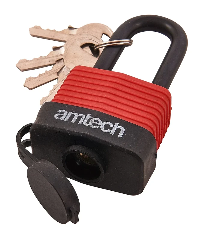 Amtech T0760 40mm Long Shackle Weatherproof Padlock, Outdoor Padlock, 4 Keys, Wide Range of Security Applications Black & Red