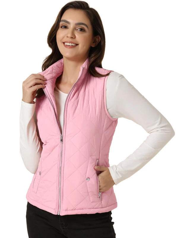 Allegra K Women's Body Warmer Stand Collar Lightweight Quilted Zip Jacket Gilet Pink M