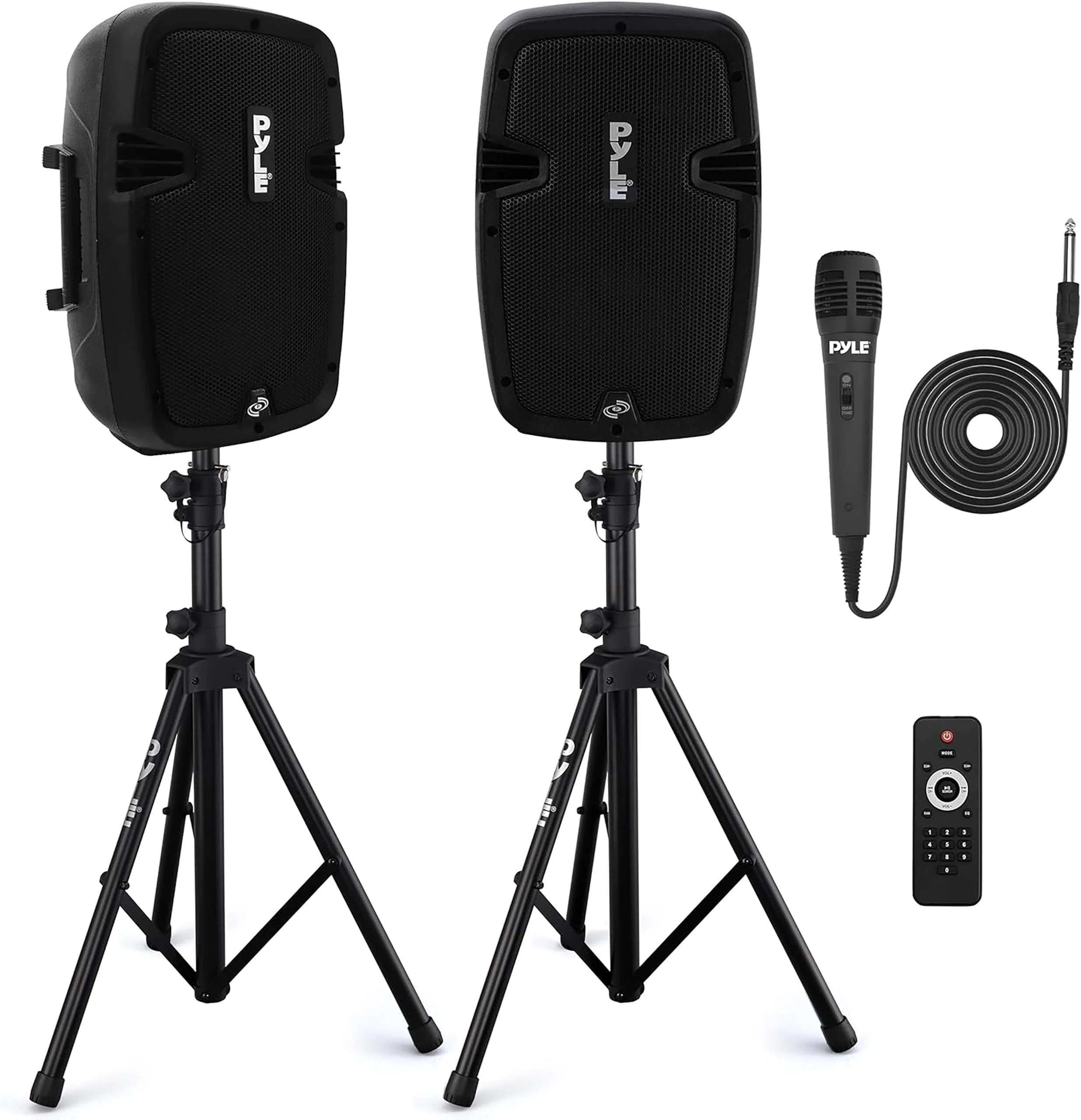 Pyle Powered Bluetooth PA Speaker Kit, Active and Passive 350W Loudspeakers with Wired Microphone, Speaker Stands, Remote Control, Portable Karaoke Machine with Bluetooth Microphone for Singing