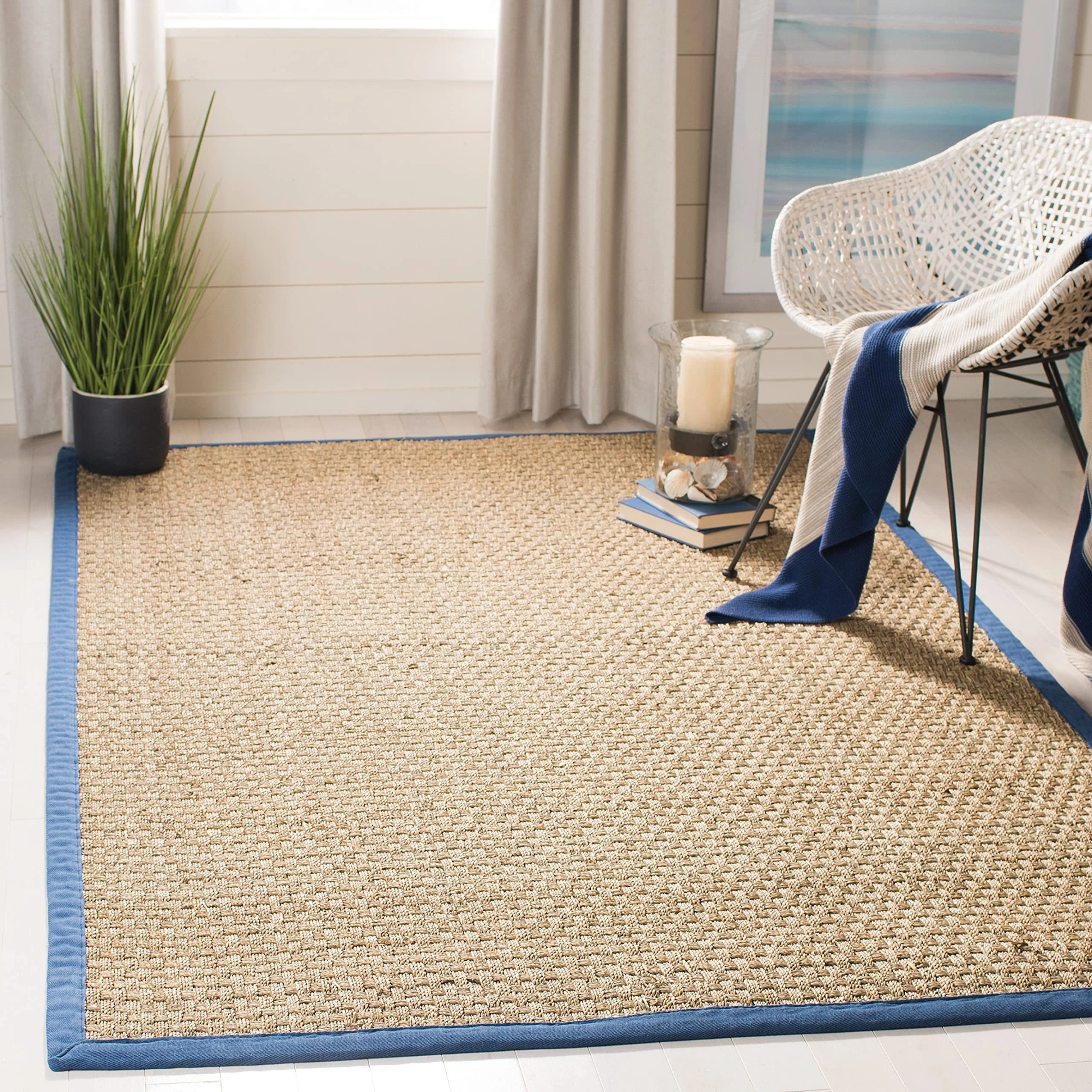Safavieh Natural Fiber Collection Area Rug - 8' x 10', Natural & Navy, Border Basketweave Seagrass Design, Easy Care, Ideal for High Traffic Areas in Living Room, Bedroom (NF114T)
