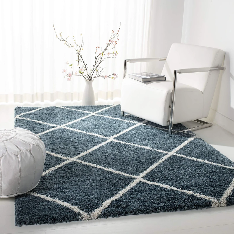 Safavieh Shaggy Indoor Woven Rectangle Area Rug, Hudson Shag Collection, SGH281, in Slate Blue/Ivory, 155 x 229 cm for Living Room, Bedroom or Any Indoor Space