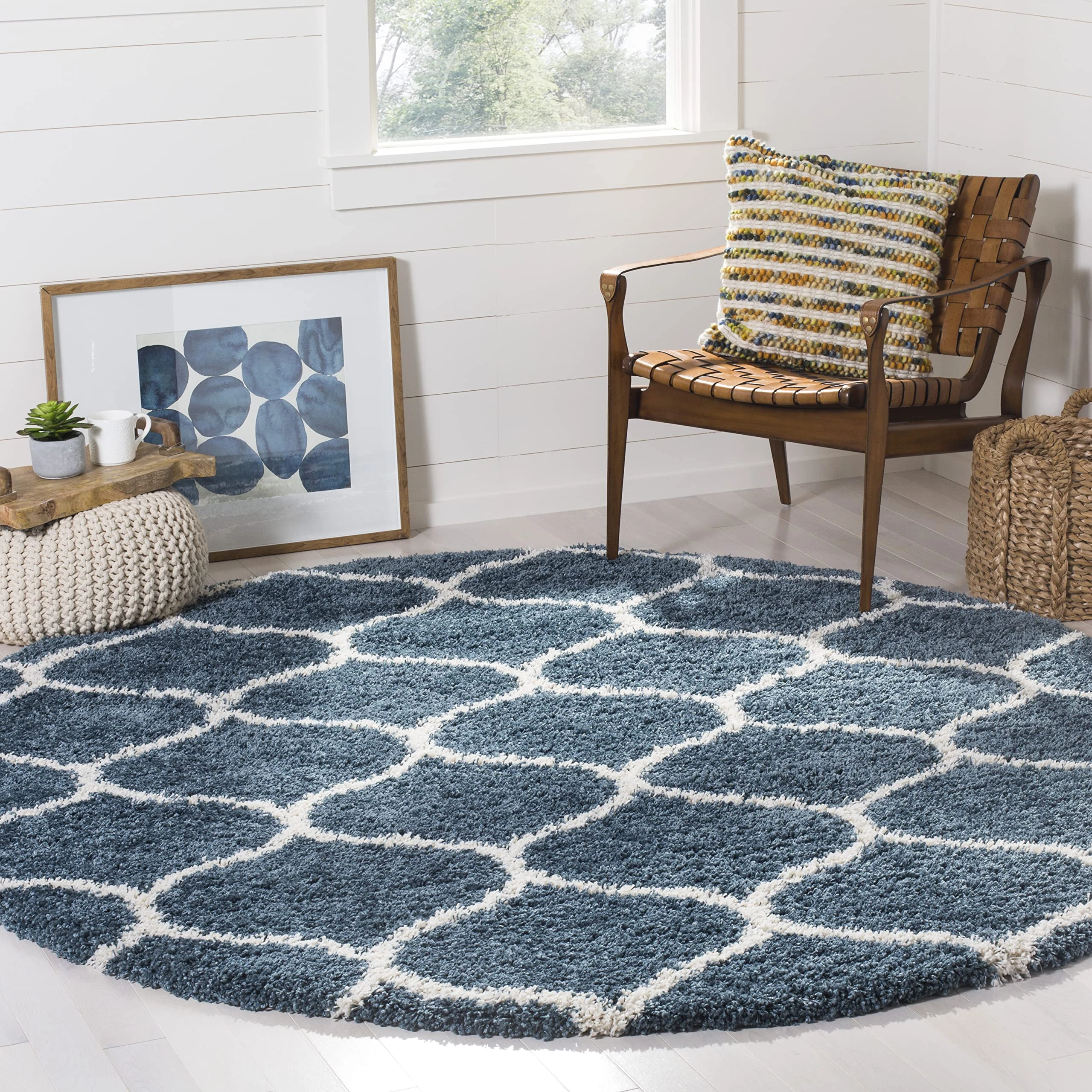 Safavieh Hudson Shag Collection 7' Round Slate Blue/Ivory SGH280L Moroccan Ogee Trellis Non-Shedding Living Room Bedroom Dining Room Entryway Plush 2-inch Thick Area Rug