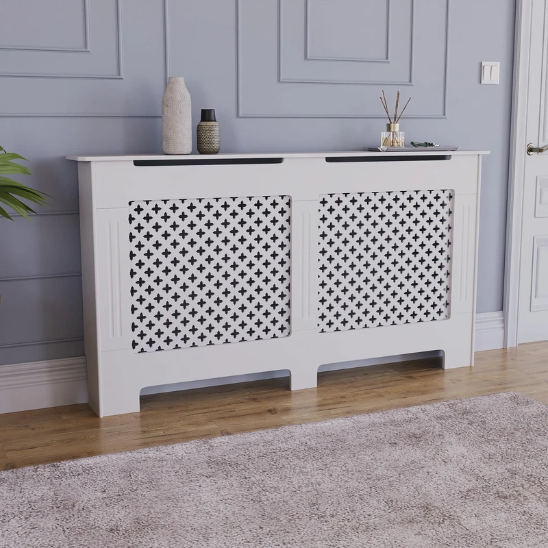 Vida Designs Oxford Radiator Cover White - Large - Traditional Cross Pattern Design for Optimal Heat Circulation - H82xW152xD19cm - Painted MDF Cabinet Ideal For Living Room & Hallway
