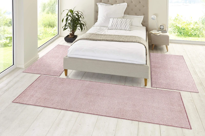 HANSE Home Pure Carpet Bed Border 3-Piece - Bed Rug, Bed Runner, Short Pile, Plain Runner Set for Children's Room, Bedroom, Pink, 2 x 70 x 140 cm, 1 x 70 x 240 cm