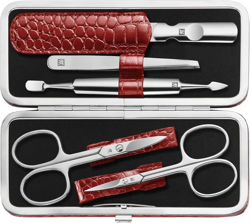 ZWILLING Manicure Set (5 Pieces, for Care of Fingernails and Toenails, Genuine Leather Case with Metal Frame), Polished Stainless Steel, Crocodile Edition, Red