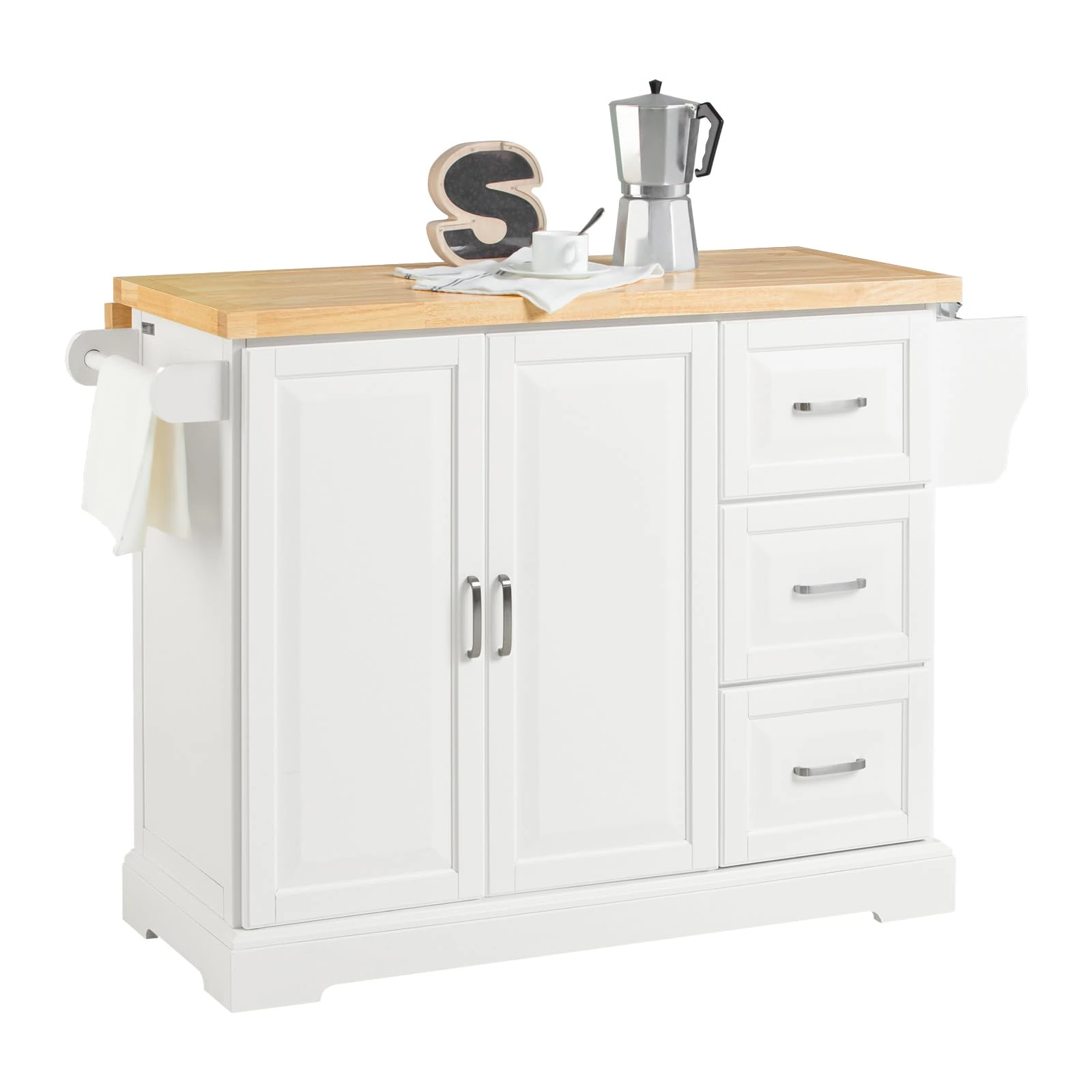 SoBuy Extendable Kitchen Island on Wheels Rolling Storage Trolley with Rubber Wood Worktop Storage Cabinet Sideboard Perfect for Kitchen Organisation W130 x D46/71 x H91cm White FKW41-WN
