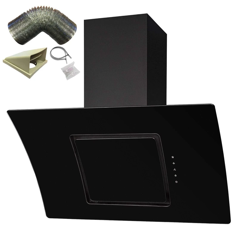 SIA 90cm Black Touch Control Angled Curved Glass Cooker Hood And 3m Ducting Kit