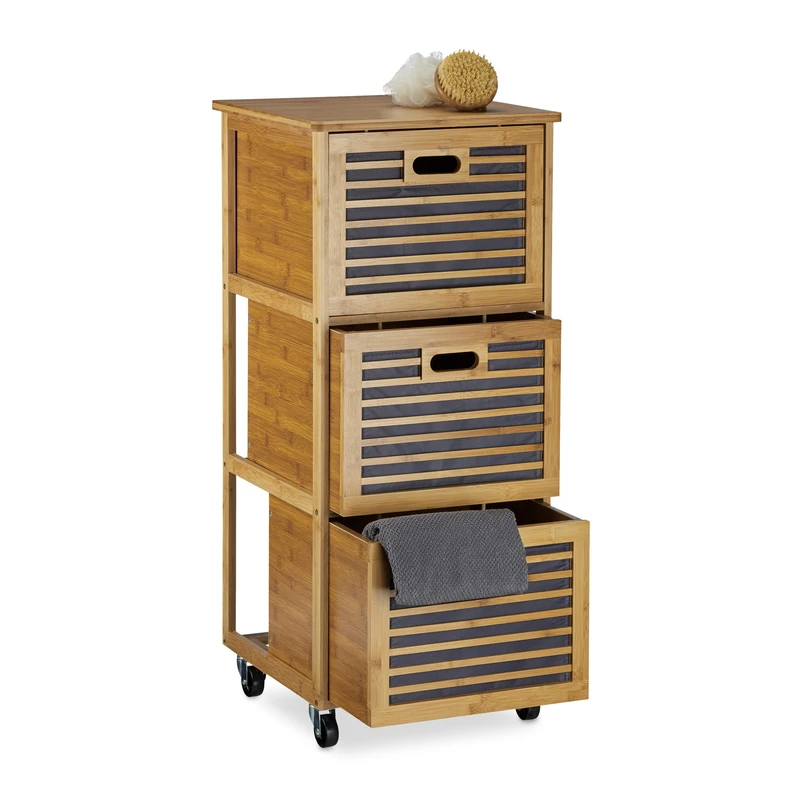 Relaxdays Rolling Tall Cabinet w/Drawers made of Bamboo w/ 3 Compartments Cabinets, Size: 92 x 41 x 41 cm Bathroom Storage Solution w/ 3 Boxes w/Wheels as Hamper & Holder for Bathroom Utensils