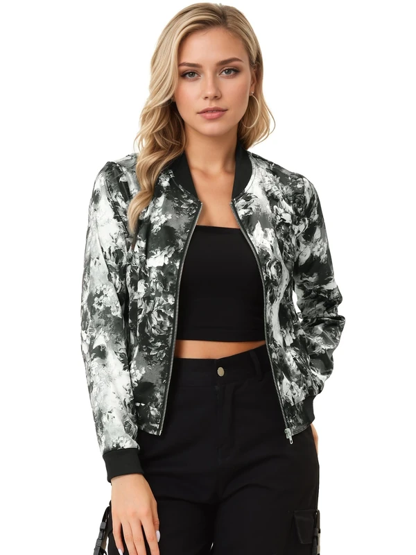 Allegra K Women's Stand Collar Lightweight Zip Up Floral Bomber Jacket Gray L