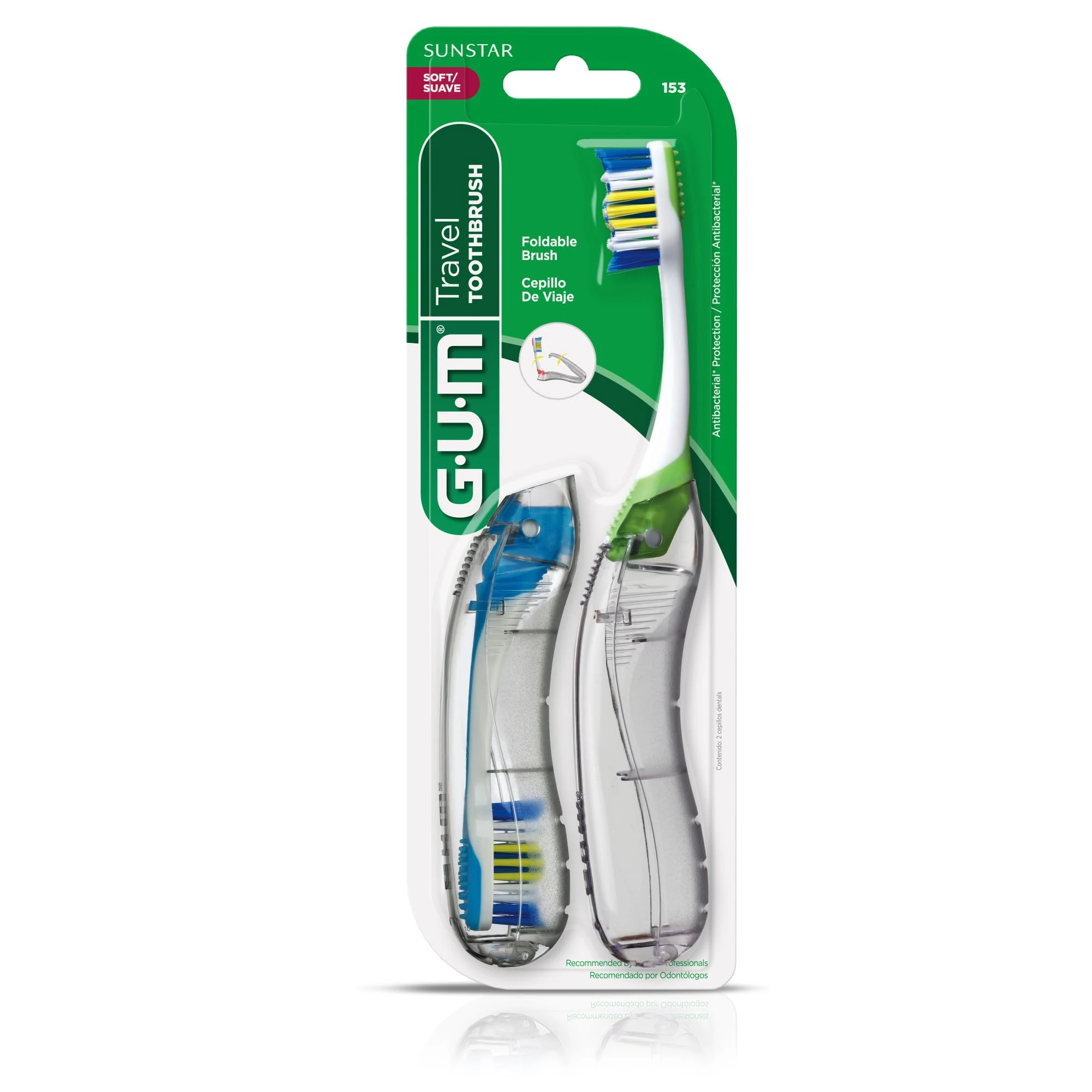 GUM Folding Travel Toothbrush, Compact Head + Tongue Cleaner, Soft Bristled Travel Toothbrushes for Adults, 2ct