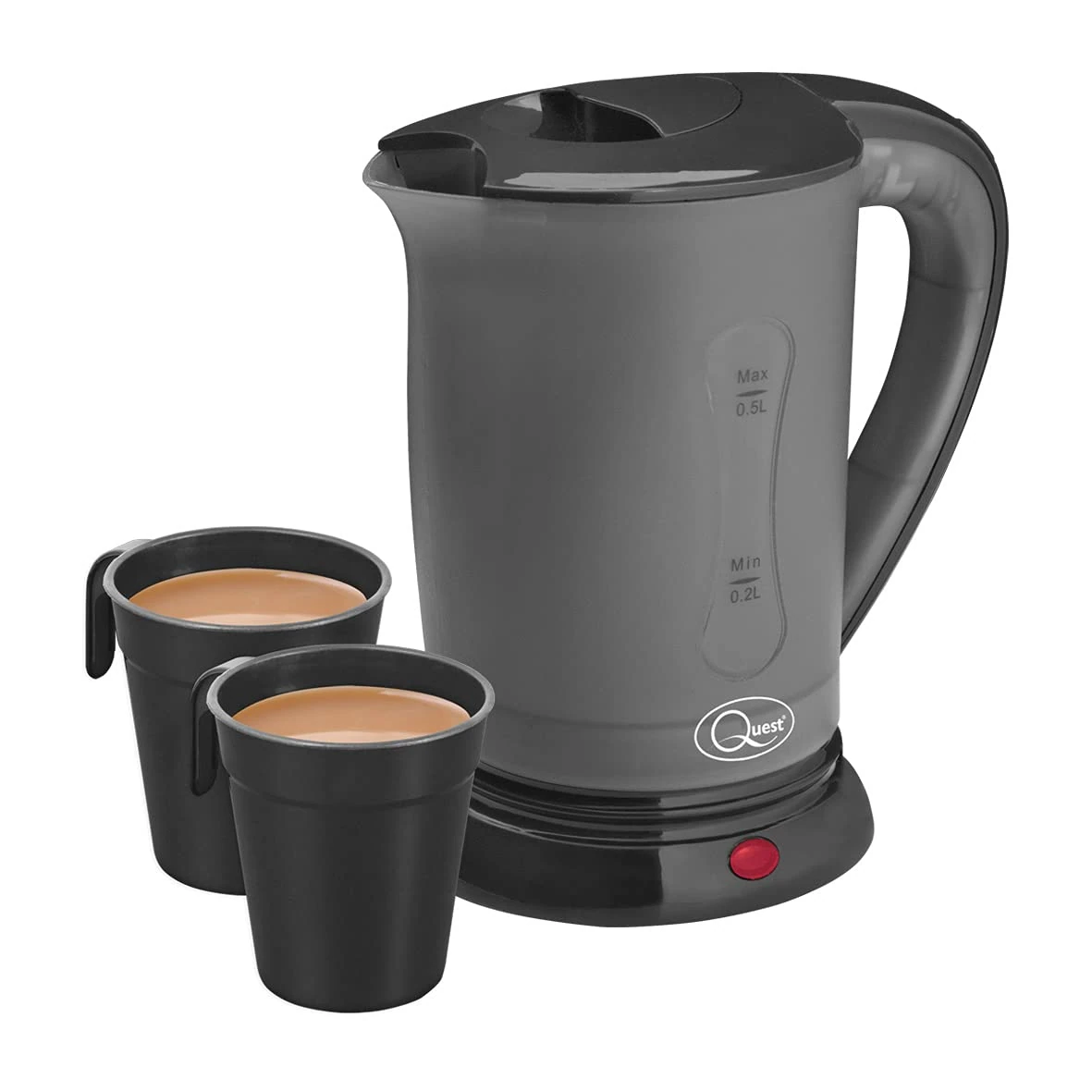 Quest Black Travel Kettle with 2 Cups | Portable & Lightweight | Dual Voltage for Worldwide Use | Safety Protection | Use in Caravans, Camp Sites and on Holiday