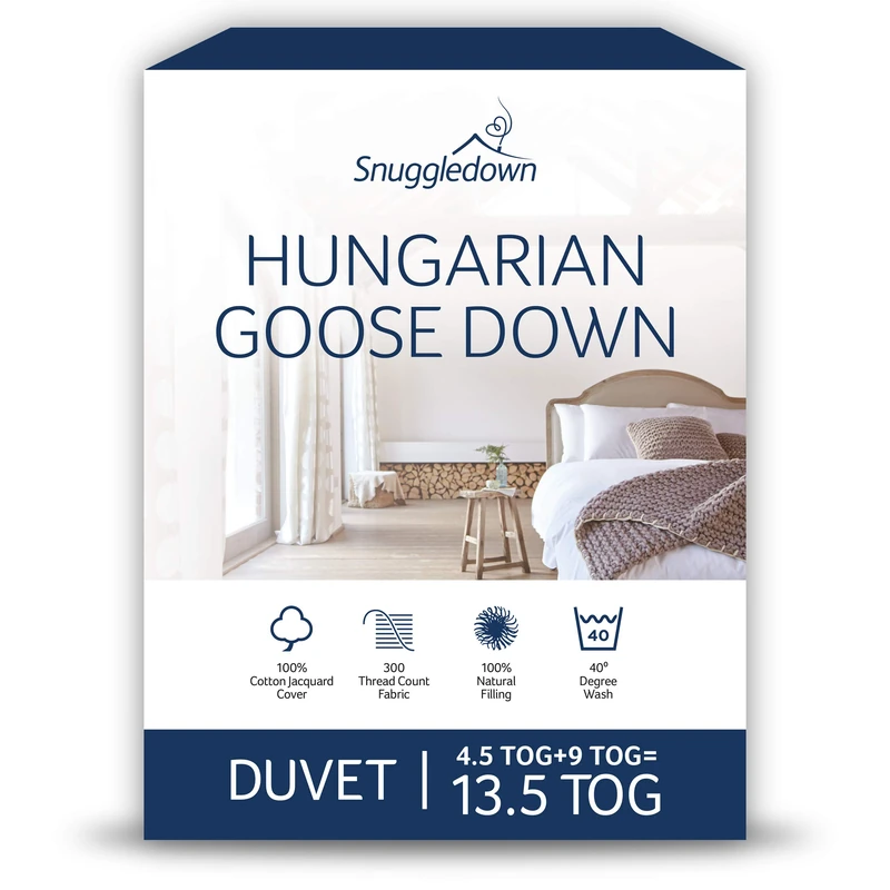 Snuggledown Hungarian Goose Down Double Duvet 13.5 Tog -4.5 + 9 Tog Combination Quilt with Ethically Sourced 80:20 Blend | UK-Made, Cotton Cover, Box Stitch, Washable (200 × 200cm)