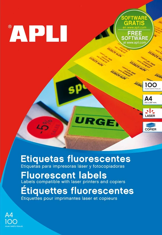 APLI 12985 Permanent Fluorescent Yellow Labels 99.5 x 67.7 mm 100 Sheets