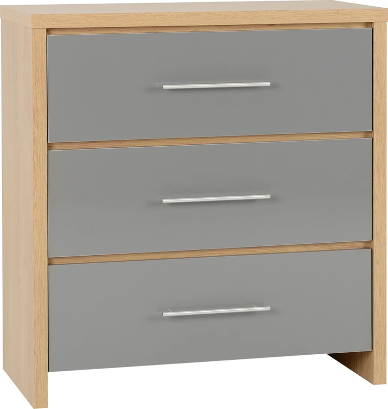 Seconique Seville 3 Drawer Chest in Grey Gloss/Light Oak Effect Veneer