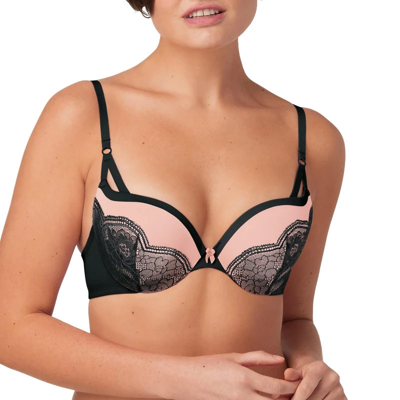 Maidenform Women's Underwire, Love The Lift Smoothing Demi, Push-up Bra, Opaque, Black/Gentle Peach Strappy Lace, 34C - Image 1