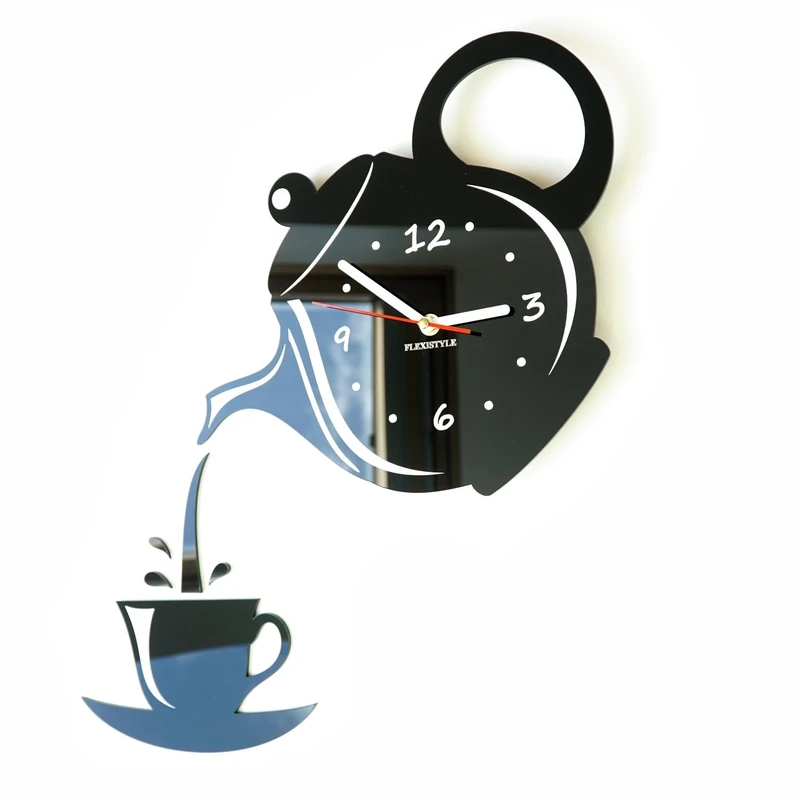 FLEXISTYLE kitchen wall clock JUG with a CUP modern design black non ticking silent