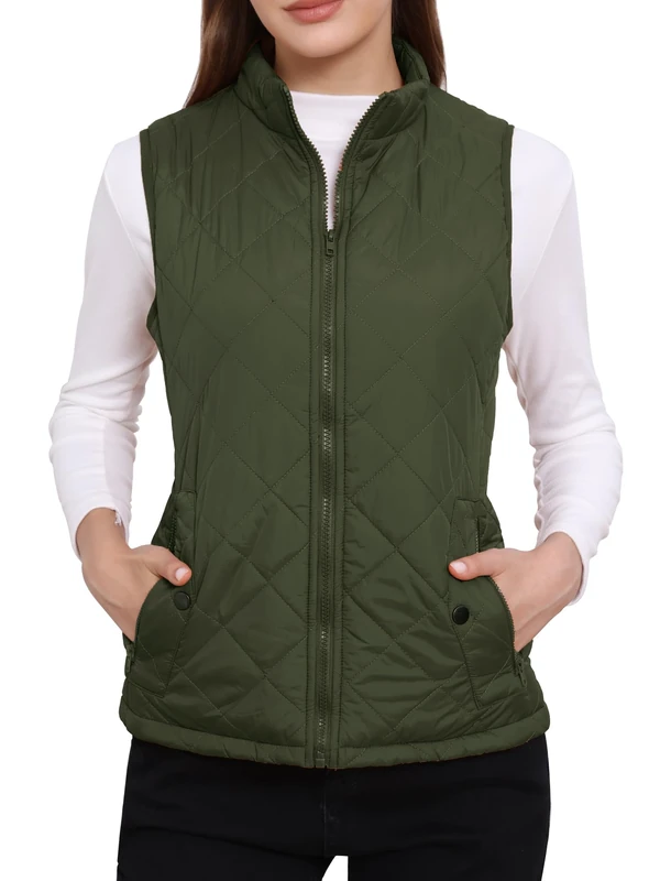 Allegra K Women's St. Patrick's Day Body Warmer Stand Collar Lightweight Quilted Zip Jacket Gilet Green M