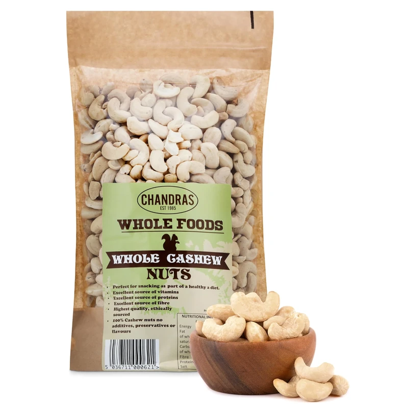 Chandra Whole Foods –Whole Cashew Nuts 1KG -Low-GI Quality Raw Deshelled Cashew Nuts for Snacking, Curries, Smoothies, Baking, Cooking & Gravies - Gluten-Free & Keto, Rich in Protein, Vitamins & Fibre