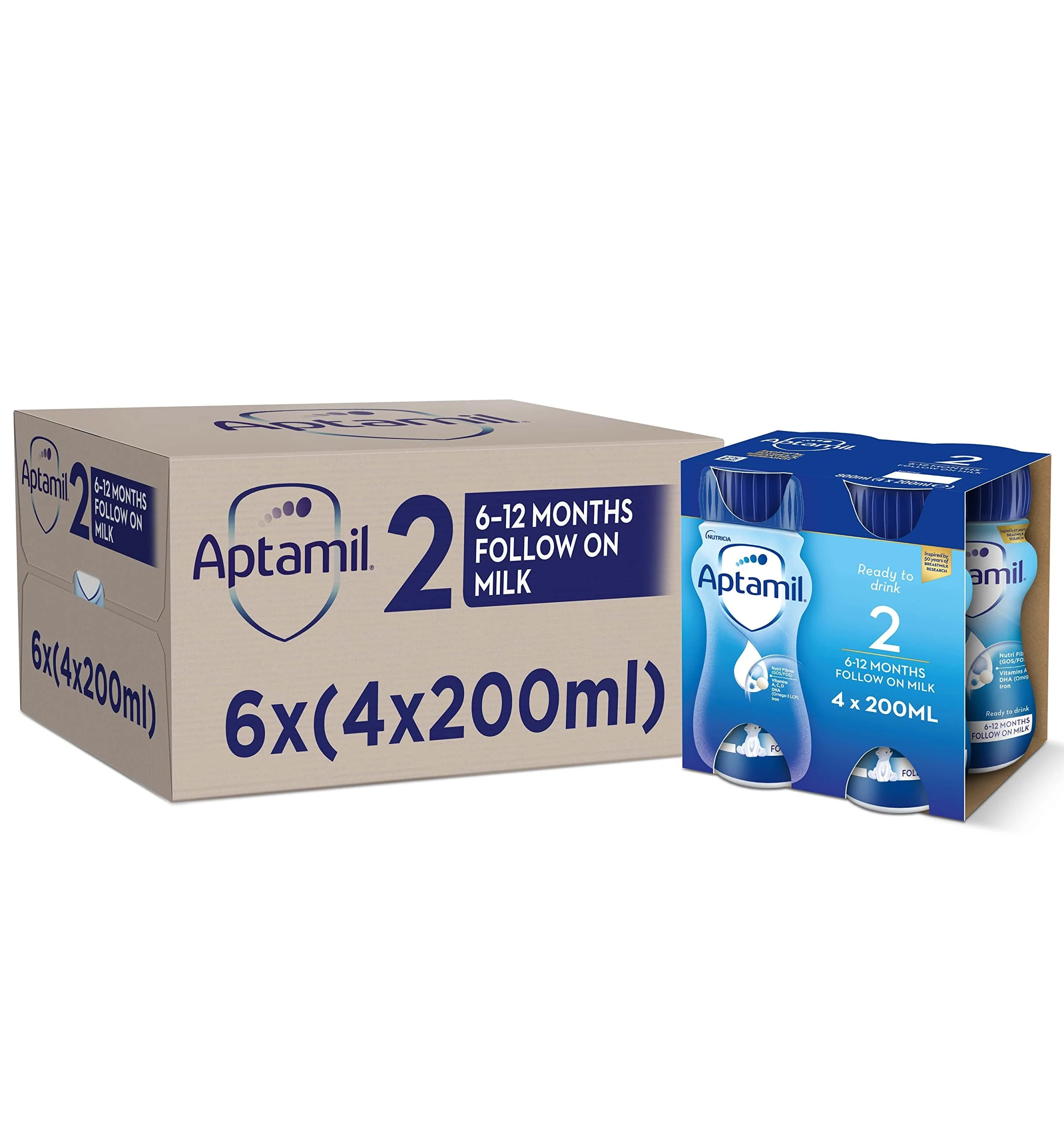 Aptamil 2 Follow On Baby Milk Ready to Use Liquid Formula 6-12 Months 200 ml (Pack of 24 bottles)