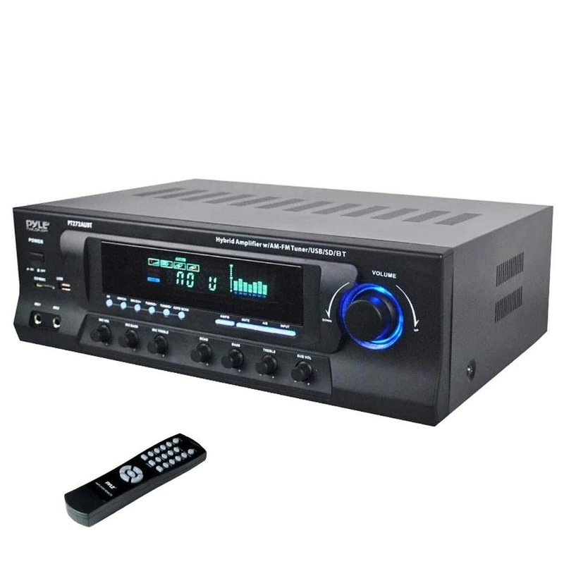 Pyle Bluetooth Stereo Amplifier 300W 4 Channel Receiver with Mic Input - Wireless Audio Streaming Home Theater Karaoke System USB SD RCA EQ Control LED Display