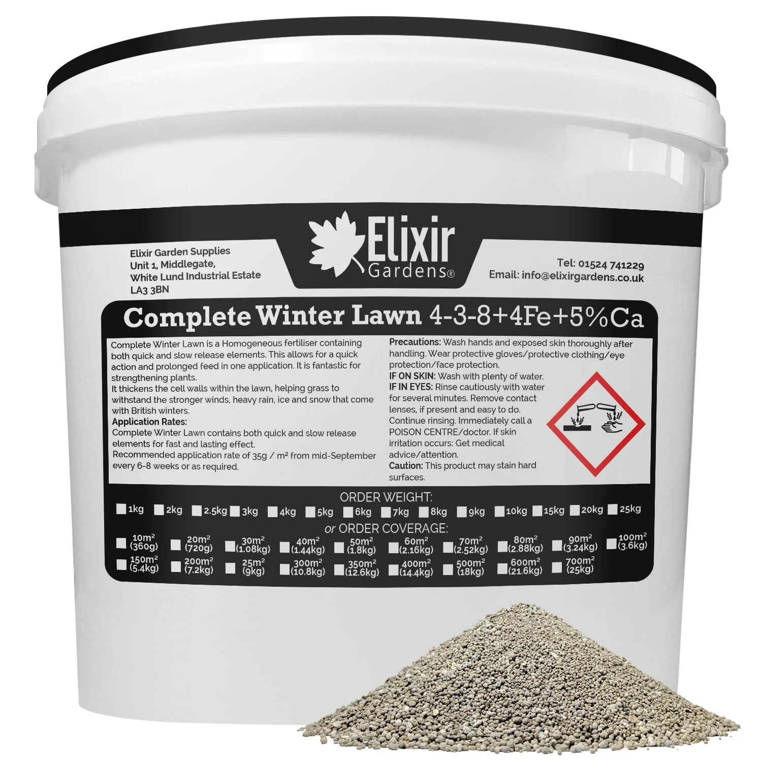 Elixir Gardens | COMPLETE WINTER LAWN Fertiliser Optimized For British Climate | Autumn and Winter Feed and Moss Treatment | 4-3-8 + 4Fe +Te | 1kg - 25kg Bags or Tubs | Treats 84sqm | 3kg Tub