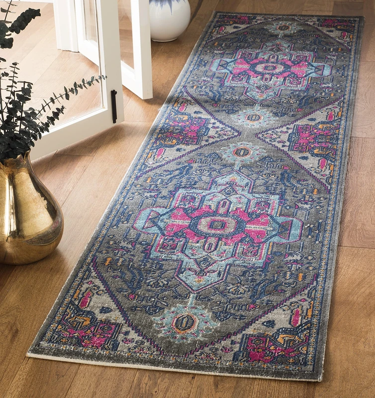 Safavieh Vintage Inspired Indoor Woven Runner Area Rug, Artisan Collection, ATN332, in Grey / Fuchsia, 66 X 244 cm for Living Room, Bedroom or Any Indoor Space